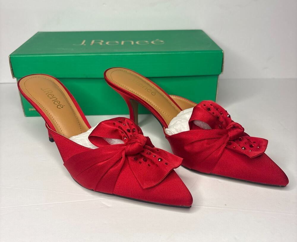J. Renee Mianna Red Satin Rhinestone Bow Pointed Toe Heeled Mules Sz 9M